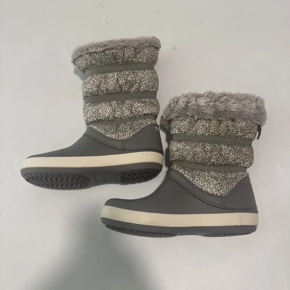 Crocs Crocband Winter Puff Boots Women's Kids Size 6 Gray Faux Fur Fleece Lined